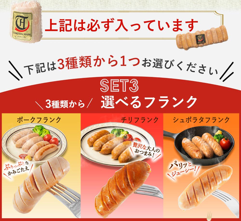 ロースハム入り!フランクが3種から選べるギフトセット (ロースハム&ミニウィンナ―に選べるチリ/ポーク/シュポラタ) 約900gの豪華ギフト ギフトボックス