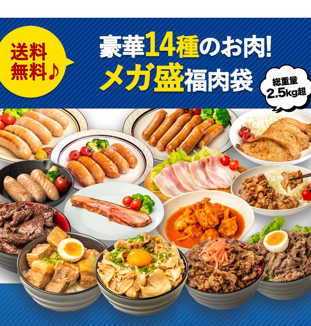 豪華14種のお肉!メガ盛福肉袋 2.5kg 豚肉 燻製 豚ばら チャーシュー 煮豚 豚角煮 ハラミ カルビ プルコギ ベーコン フランク 味噌漬け 手羽元 福袋 肉