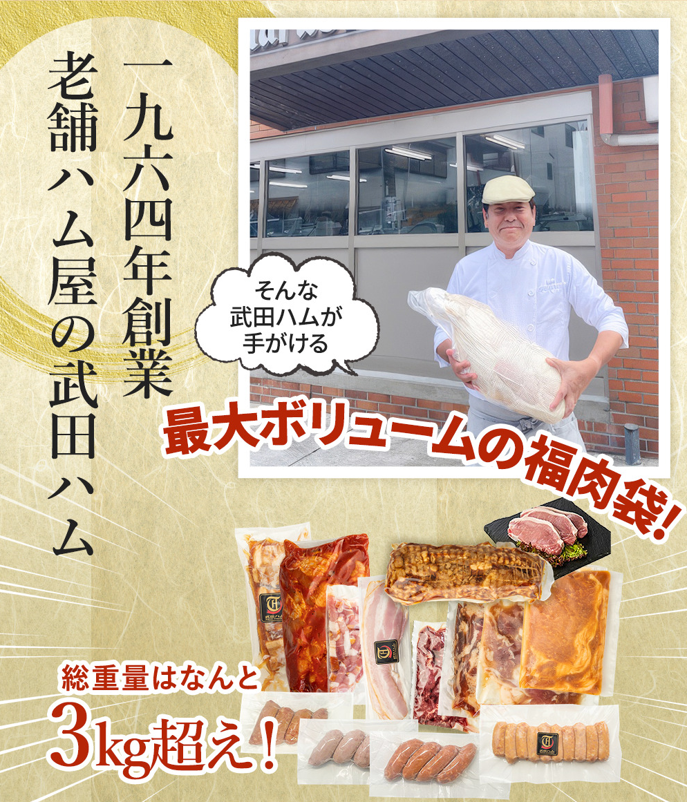 肉 3kg超 14種！【 メガ盛福肉袋 】